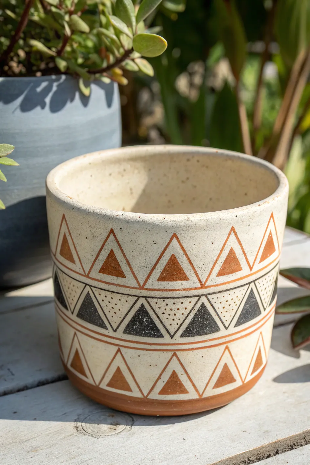 Minimal triangle-to-diamond banding for a crisp, modern planter pattern in three earthy tones