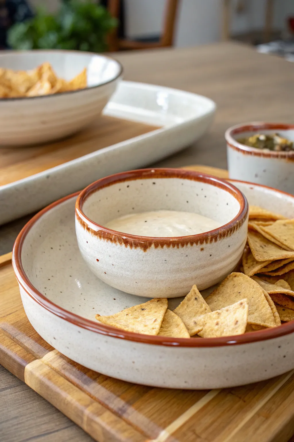 Scandi minimalist chip and dip platter with attached bowl, neutral glaze, instant party-ready