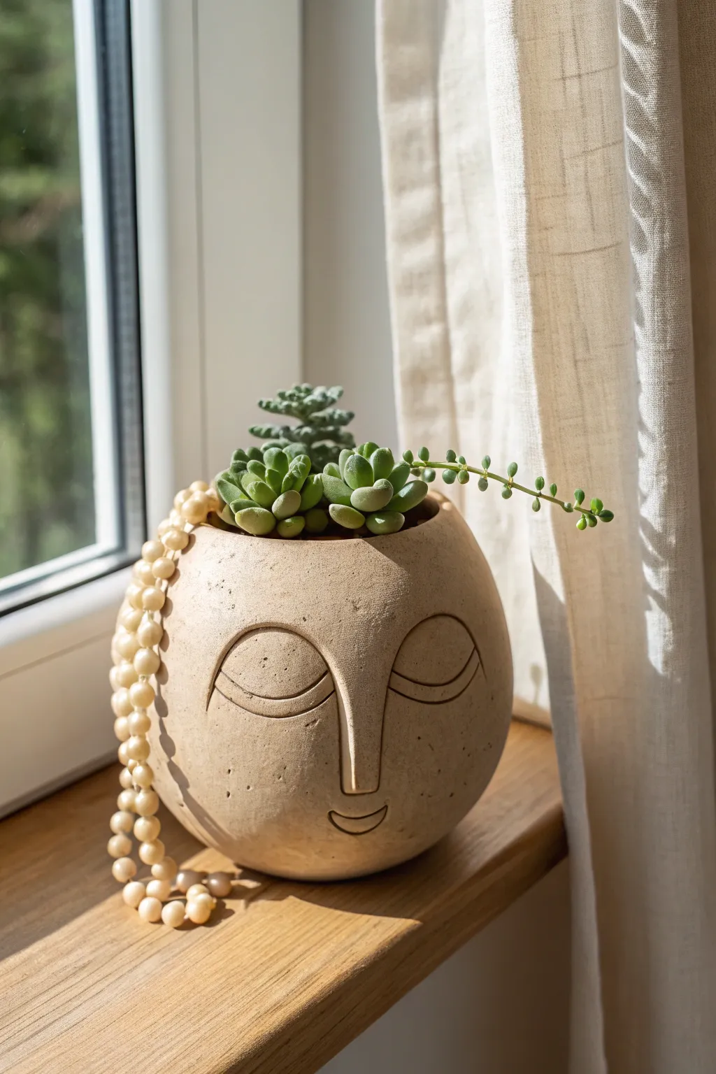 Minimal clay face pot with a trailing plant hairstyle, styled on a bright windowsill