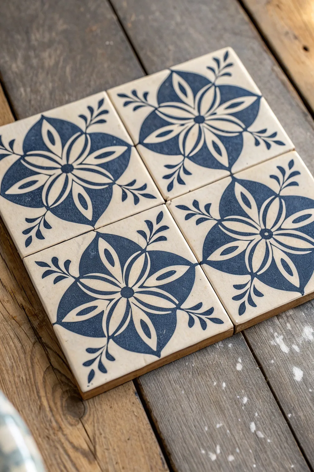 Moroccan-inspired 2x2 repeat tiles in ivory and indigo, minimalist yet warm and handmade.