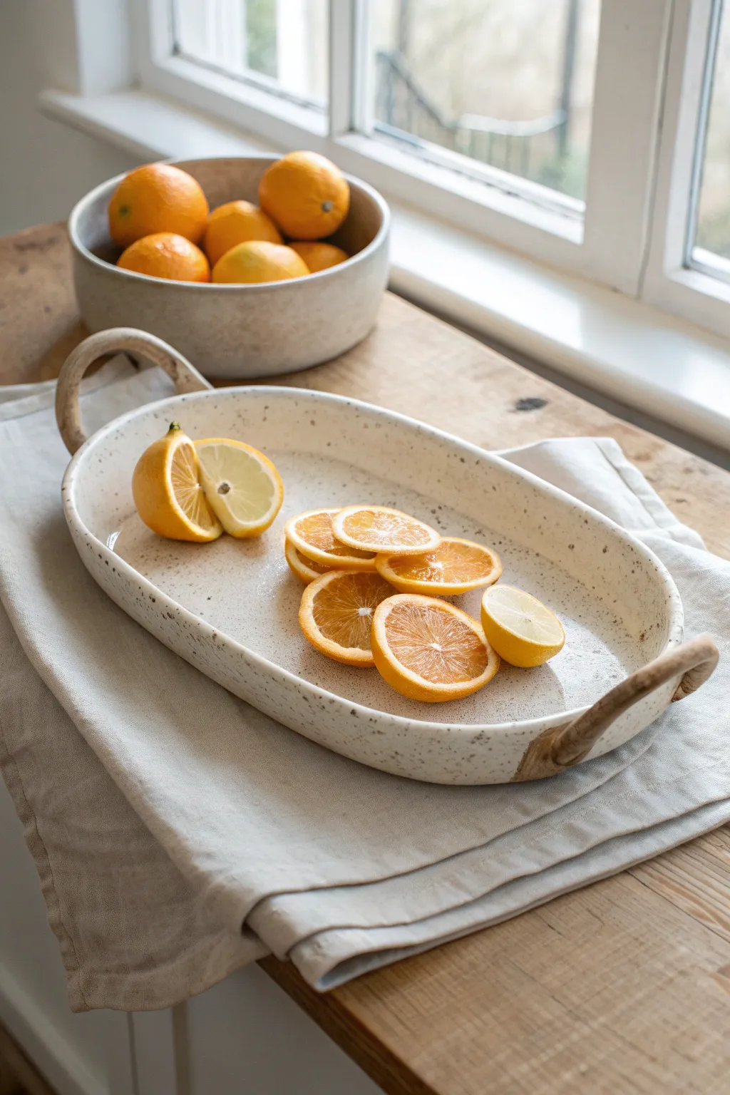 Soft oval pottery serving tray with slab handles, citrus slices and a tiny bowl, cozy minimal style.