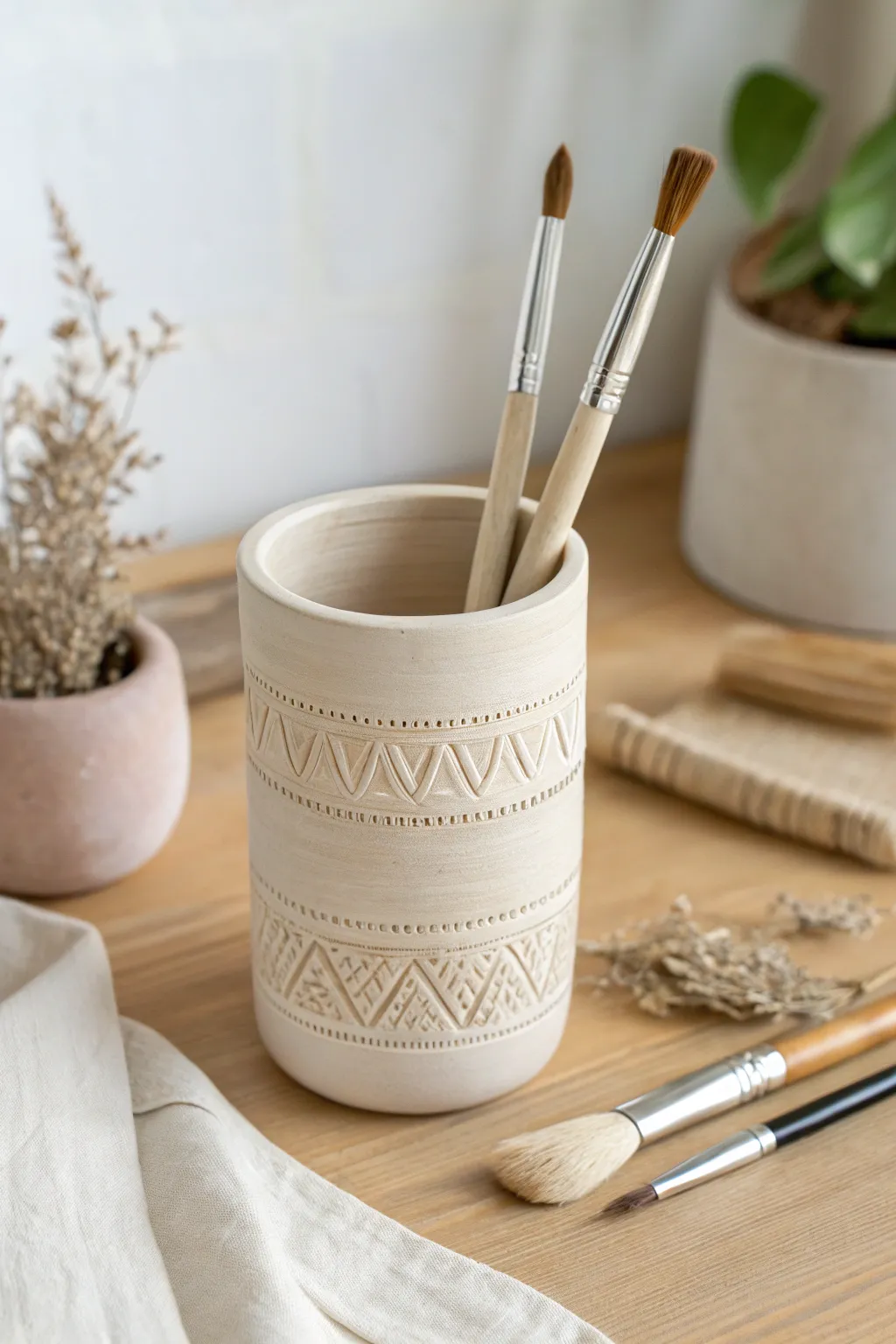Textured air-dry clay pencil cup adds calm Scandinavian style to your creative desk.