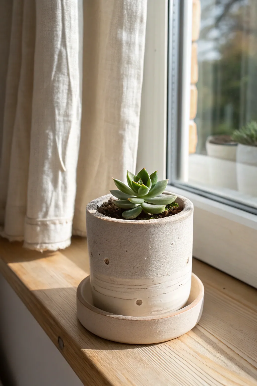 Minimal clay succulent planter with matching saucer, sunlit and practical for any windowsill.