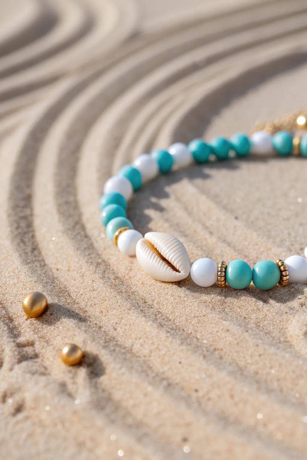 Cowrie shell centerpiece bracelet with white and turquoise clay beads, beachy preppy minimal