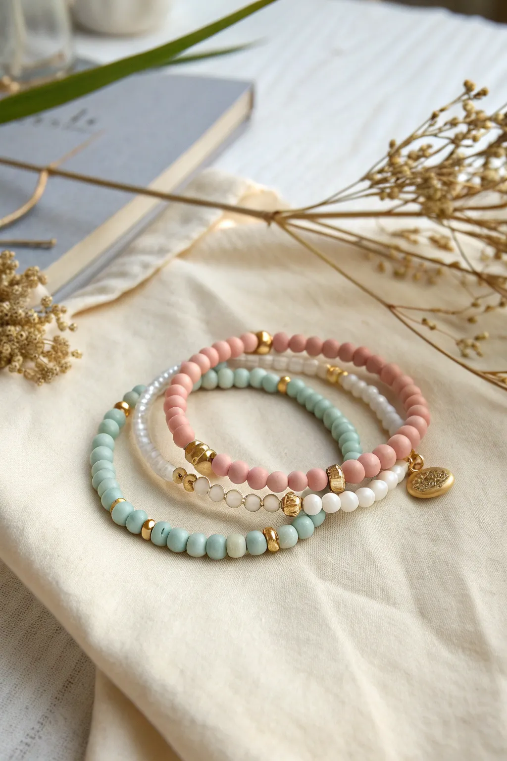 Pearl-and-clay preppy bracelet stack in soft pastels for a clean, classic look.