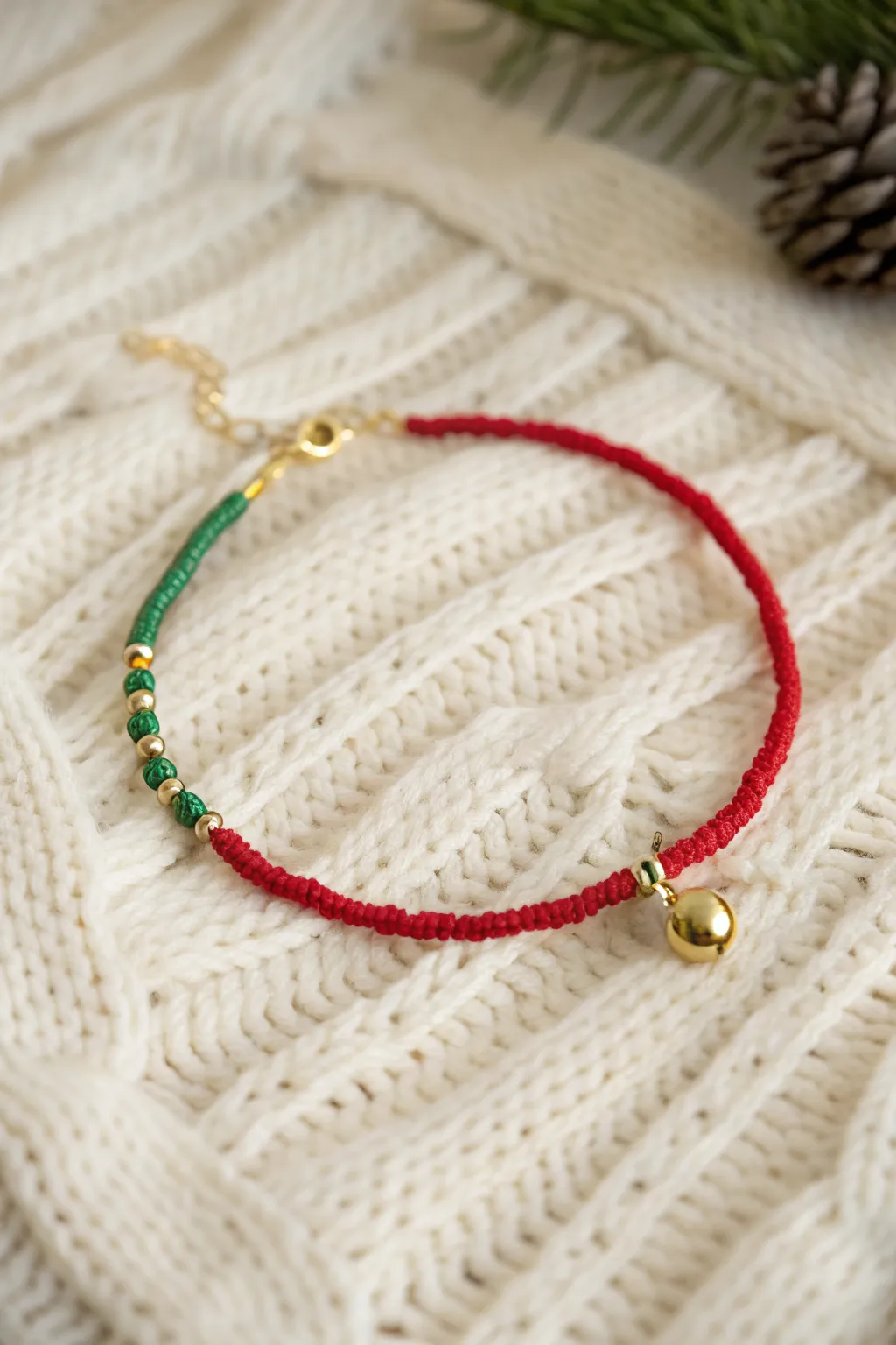 Dainty red and green heishi bracelet with a tiny jingle bell for a preppy Christmas finish