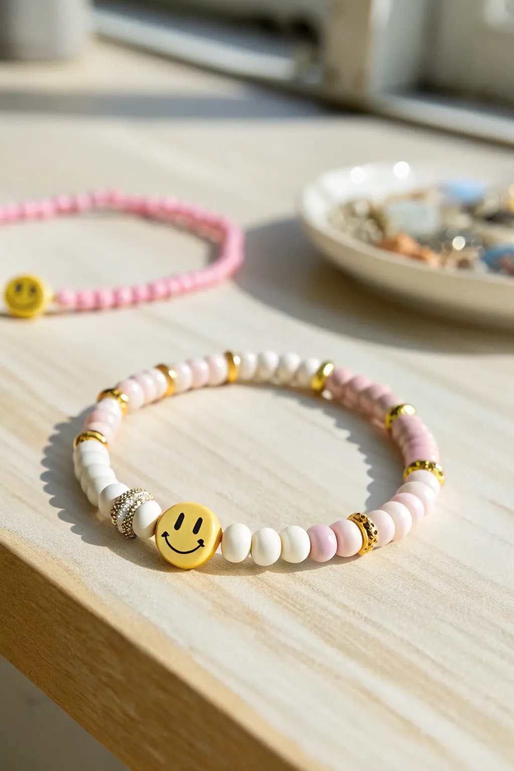 Sunny smiley focal bead on pastel heishi bracelet, paired with a simple companion stack