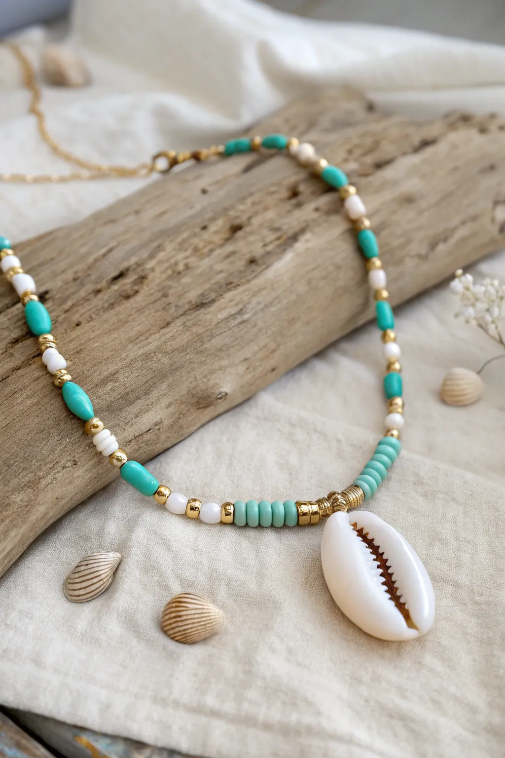 Preppy clay bead necklace with a centered cowrie shell and turquoise heishi beads, beachy and minimal.