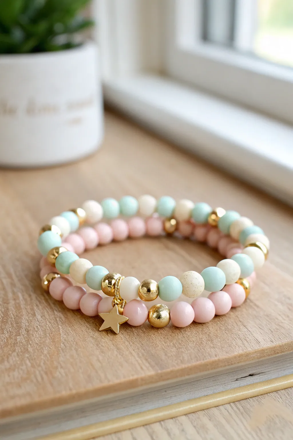 Pastel clay beads with tiny gold star spacers, stacked with a white-and-gold bracelet