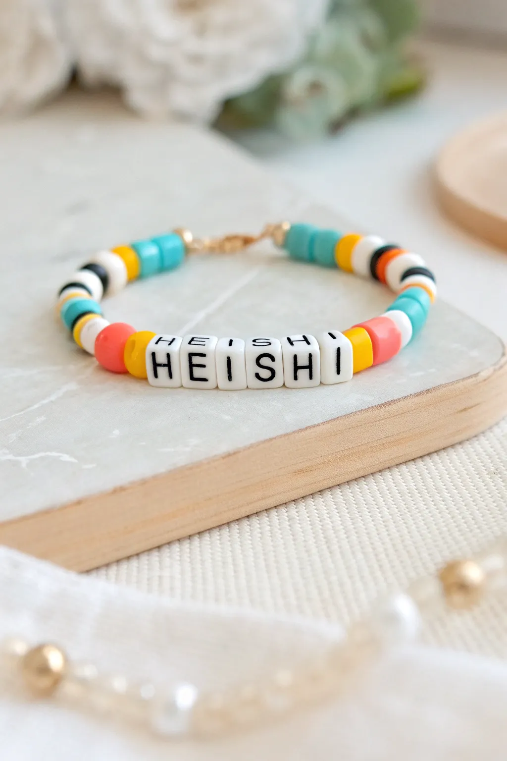 Personalized preppy clay bracelet with initial beads and bright heishi blocks, minimal boho stack