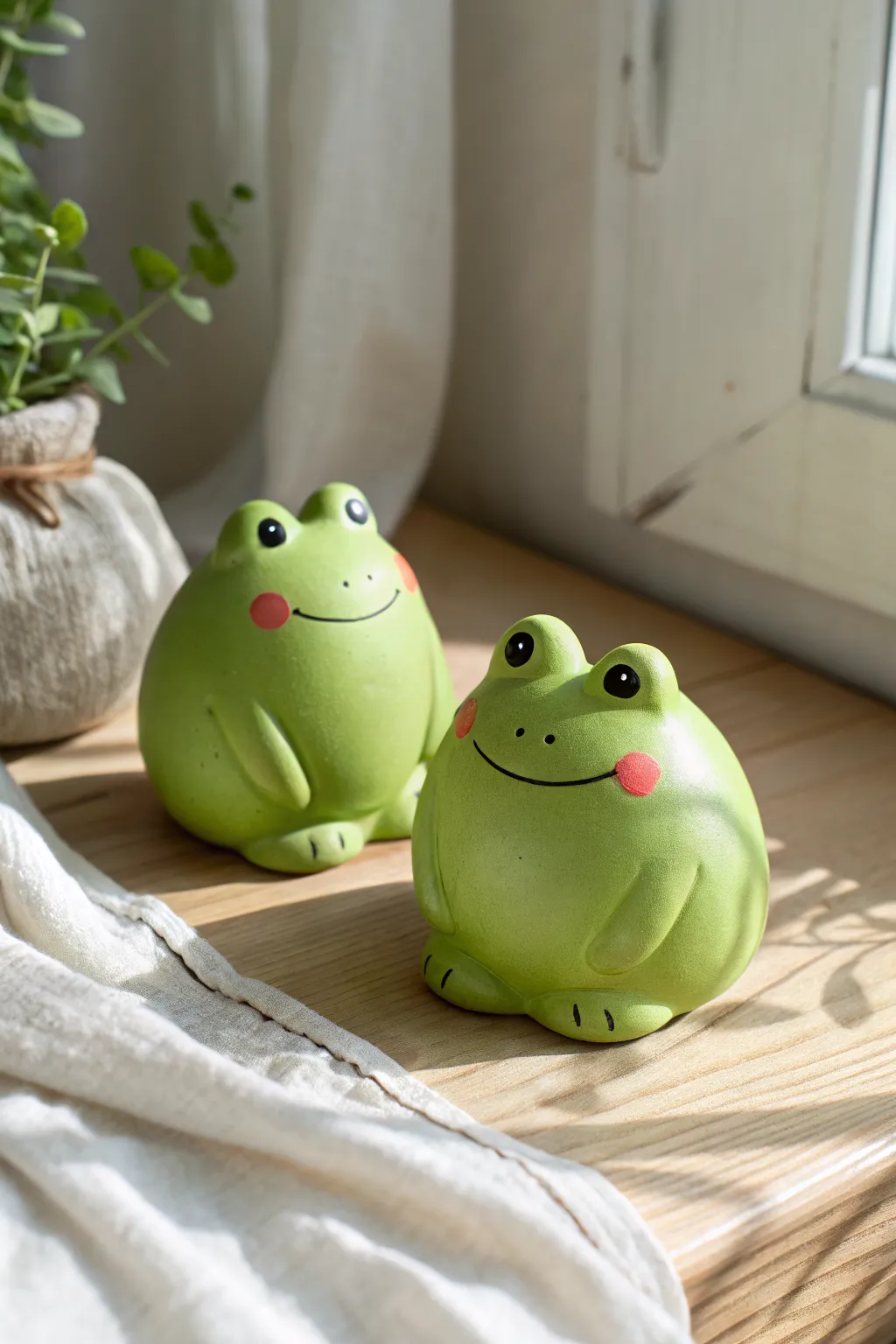 Two chubby puffy clay frogs in bright green with rosy cheeks, styled minimalist and cozy
