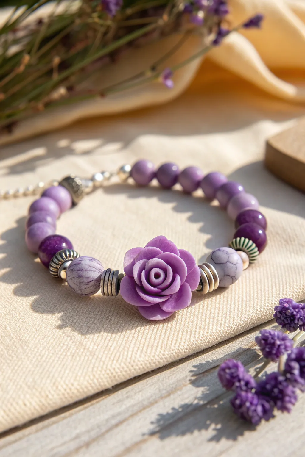 A single purple flower focal bead steals the spotlight on this clean, modern clay bracelet
