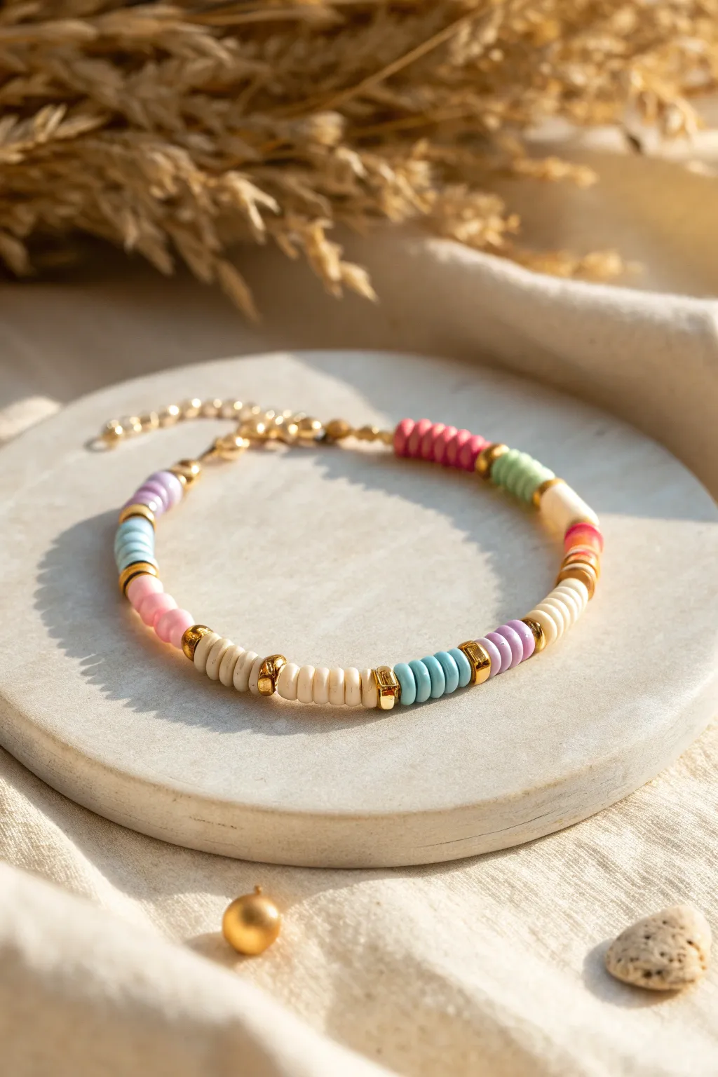 Rainbow heishi bracelet with delicate metallic spacers, glowing in warm light and minimal styling.