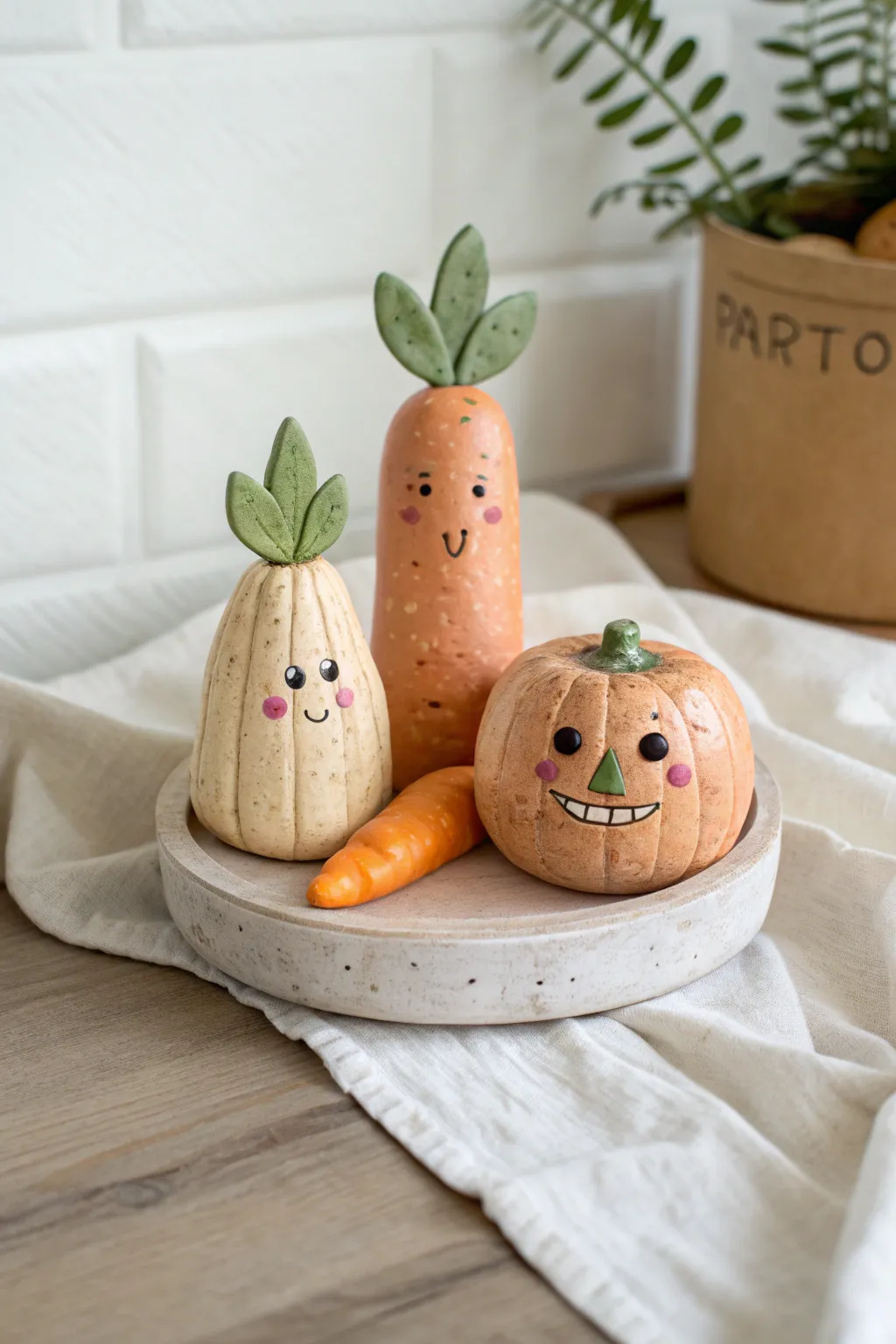 Cute clay veggie family portrait: carrot, pea pod, and pumpkin with big personalities