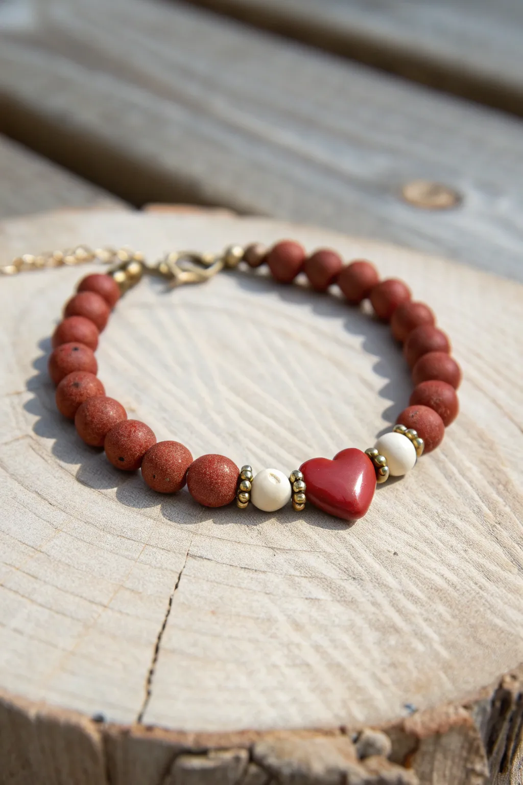 Minimal red clay bracelet with a centered heart bead, simple spacers, and clean Nordic styling.