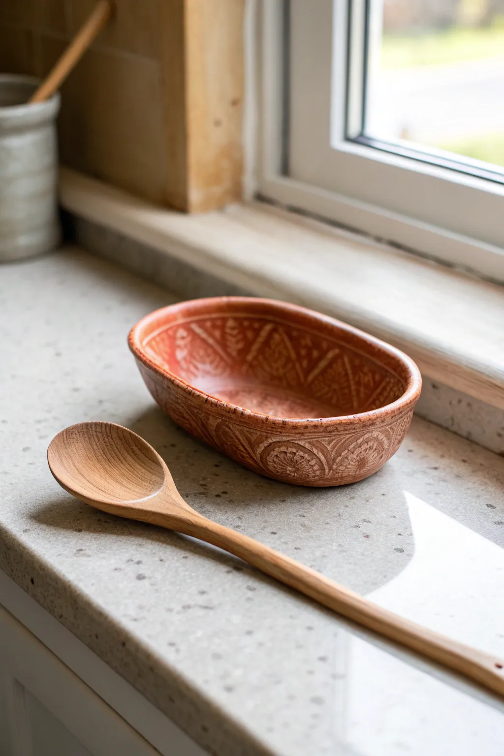 Rustic terracotta spoon rest with soft texture for a warm, minimalist, kitchen-ready counter.
