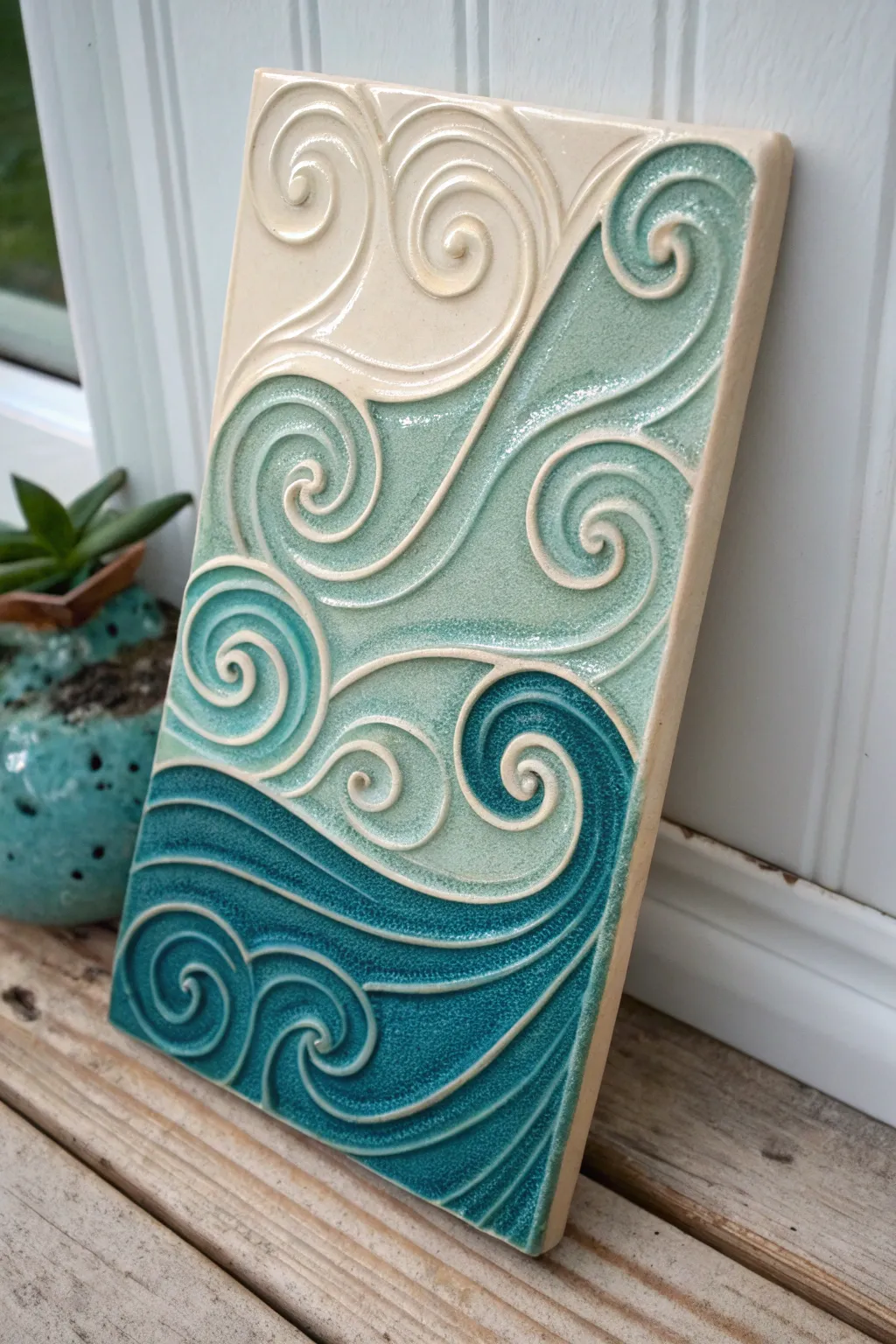 Ocean-inspired relief tile with raised wave lines and a dreamy teal-to-seafoam gradient glaze