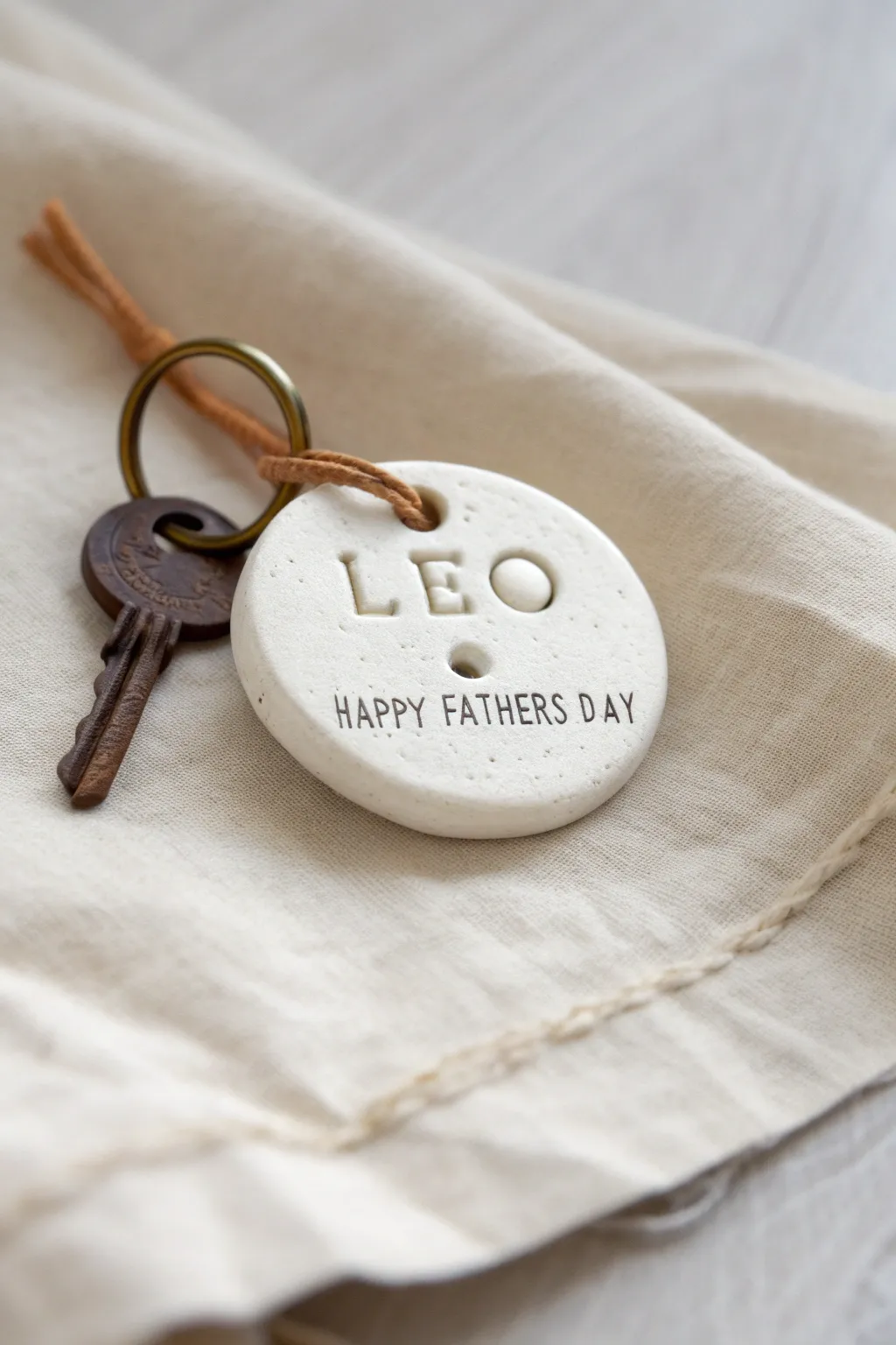 Minimal salt dough keychain tag with stamped name, a sweet handmade Fathers Day keepsake.