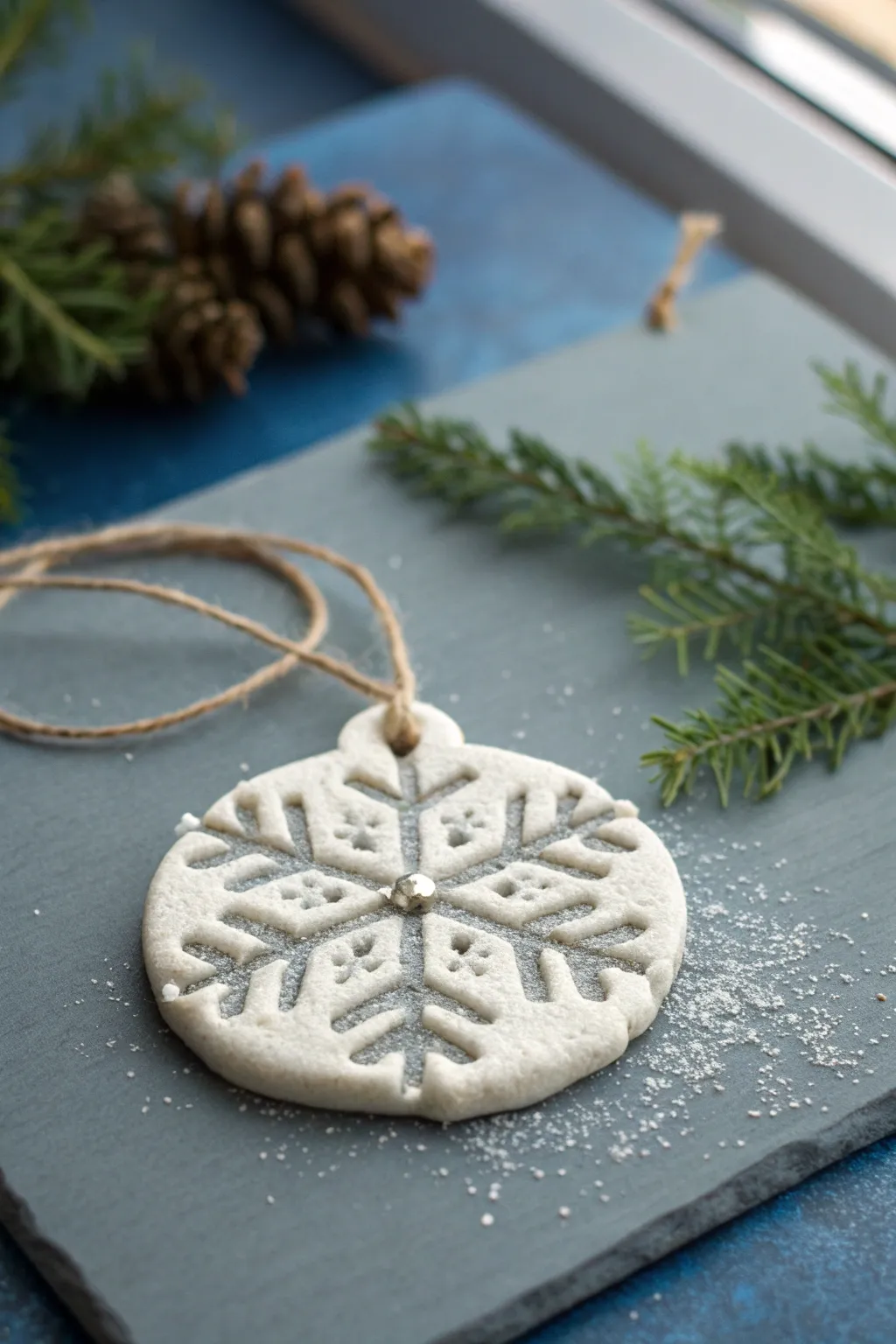 Simple salt dough snowflake ornament with fork-pressed details and a soft winter sparkle.