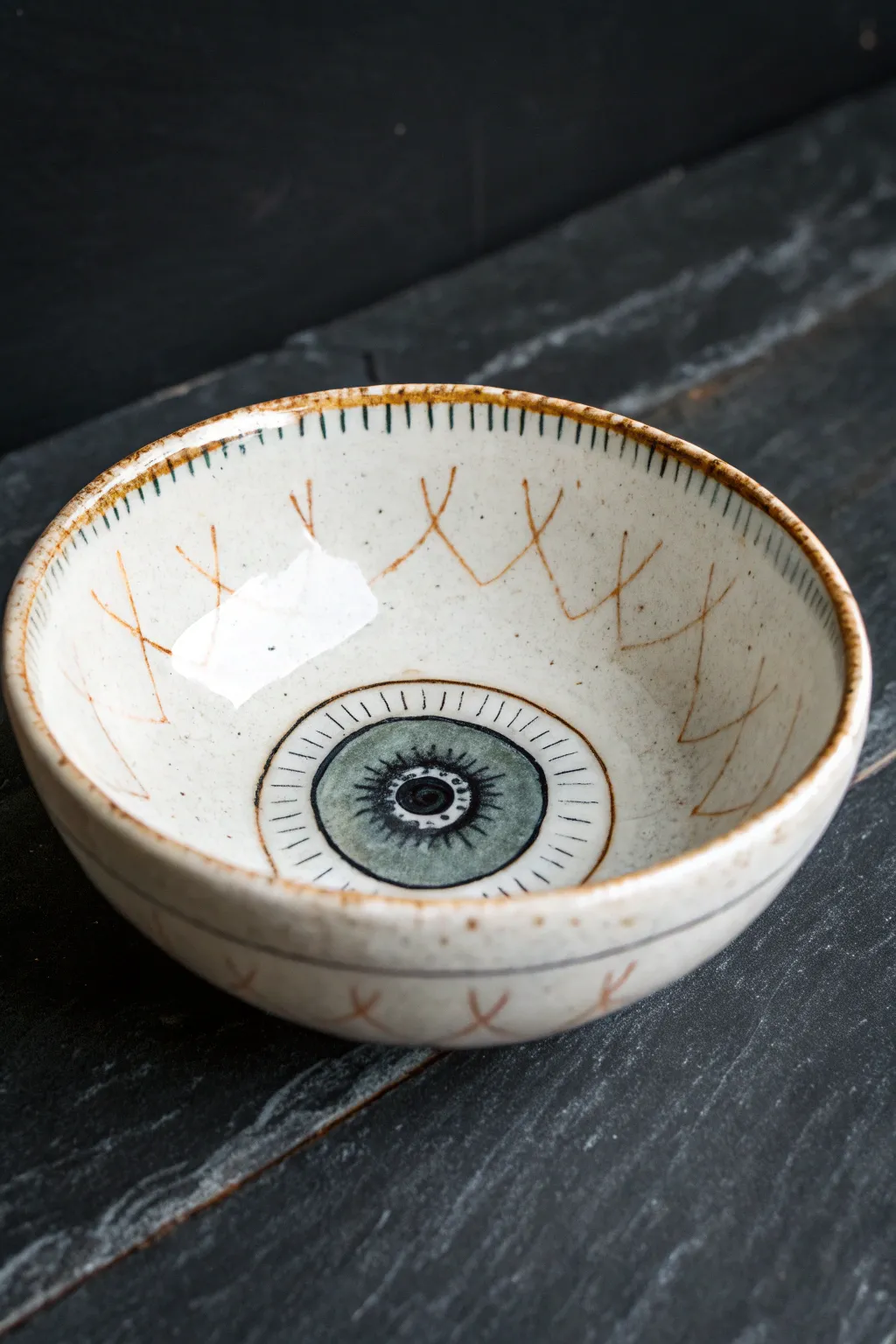 Glossy eyeball trinket bowl with minimalist styling, a spooky-cute clay project for hobbyists