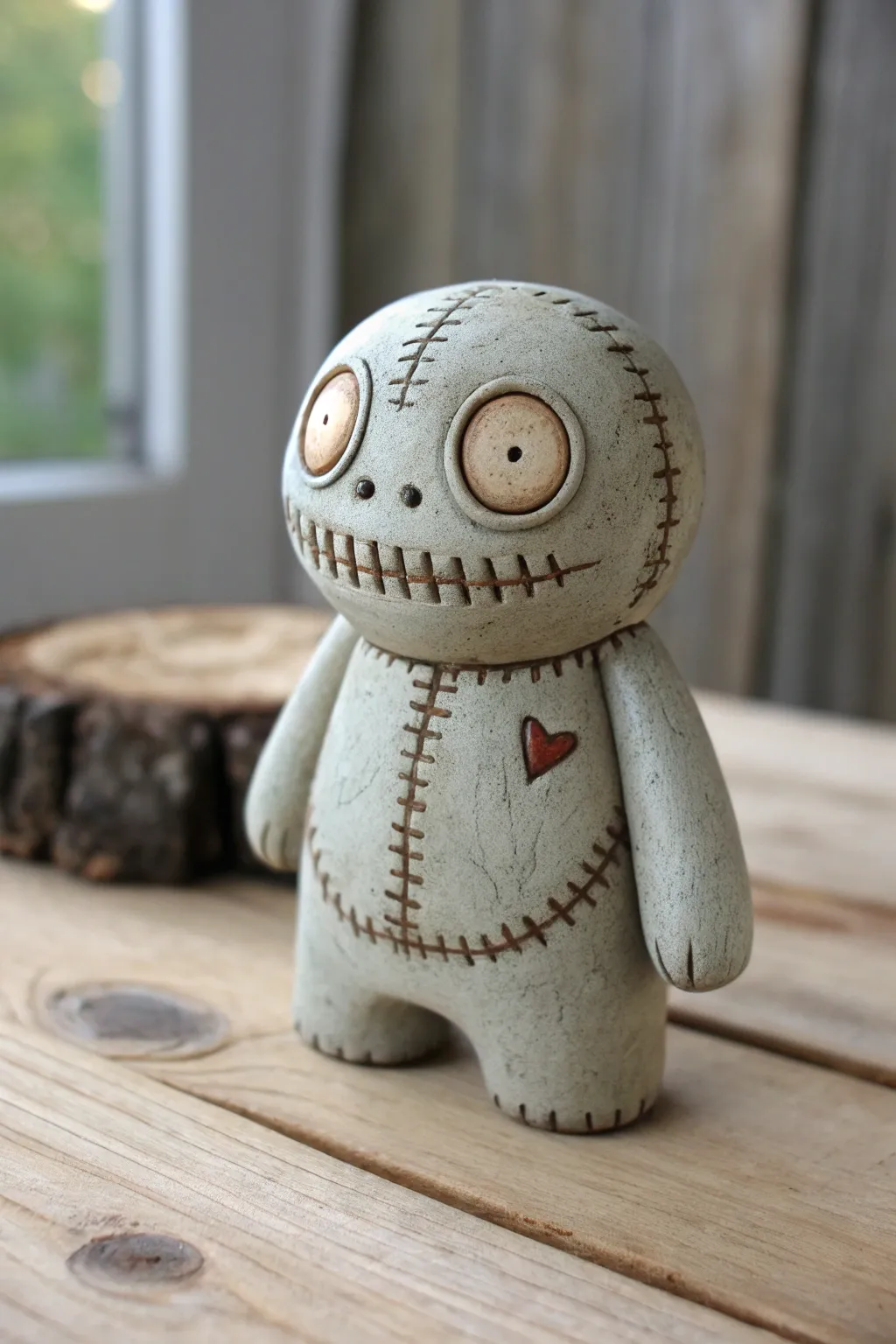 Stitched-up patchwork clay ghoul in muted tones, creepy-cute and handmade for cozy scares
