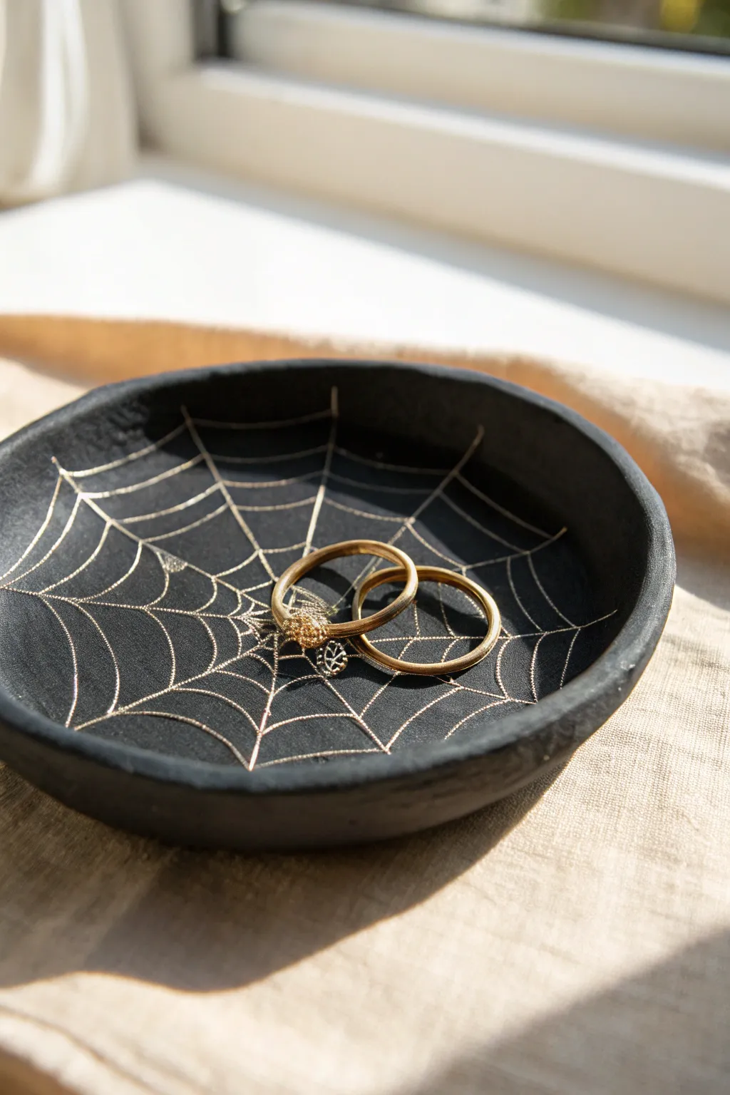 Minimal spiderweb trinket dish in matte black clay, perfect for rings and spooky-cozy decor.