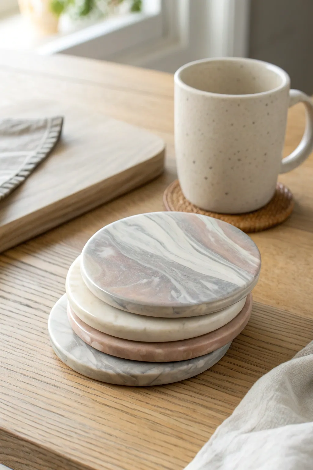 Stone-marbled Sculpey coasters stacked neatly for a calm Scandinavian, boho-inspired table look.