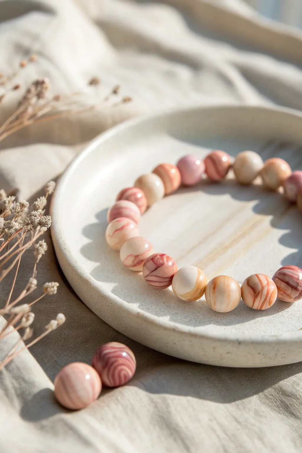 Soft marbled polymer clay beads in blush and cream, a simple beginner bracelet with boho calm.