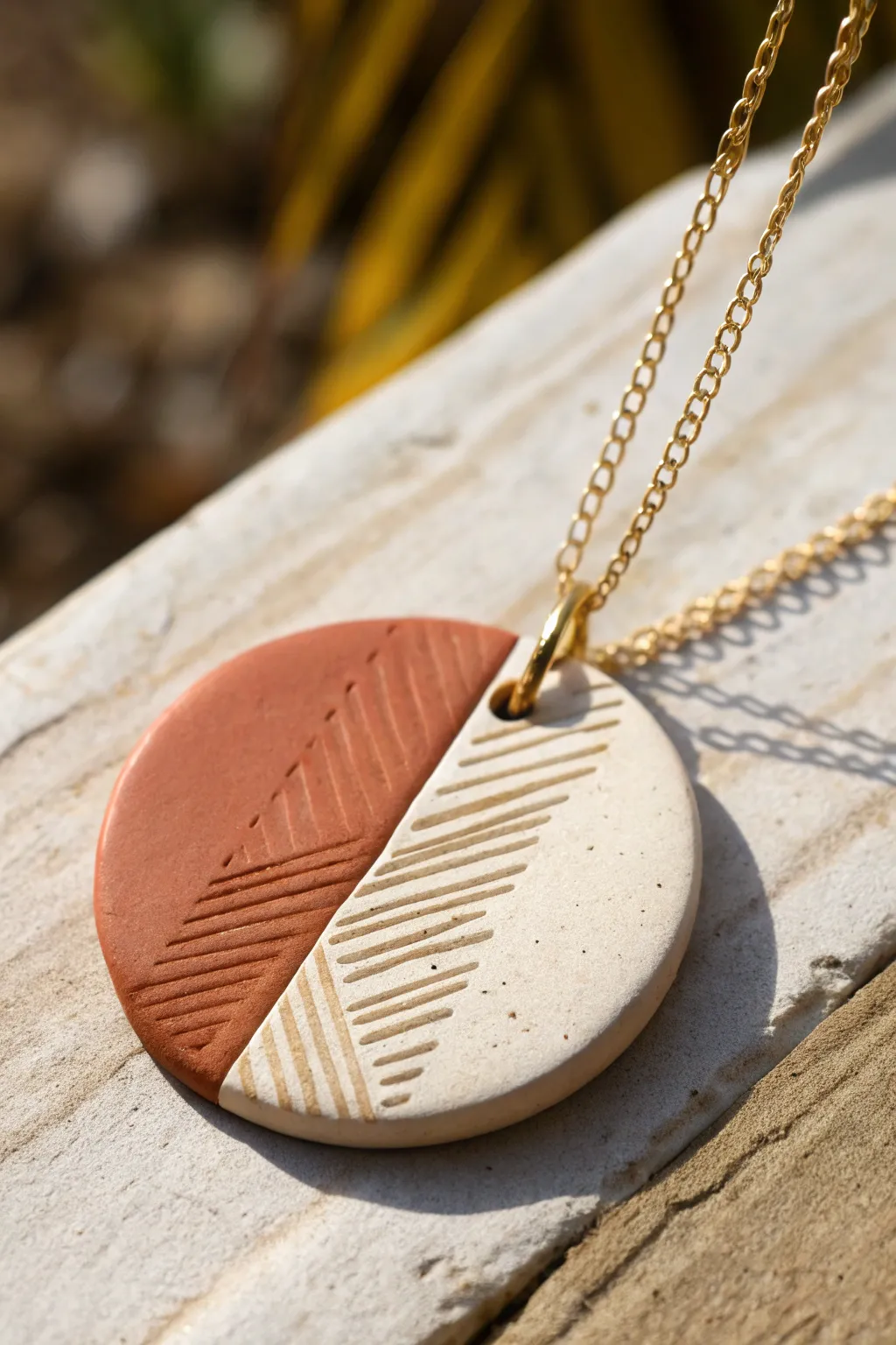 Minimal color-blocked Sculpey pendant with soft texture lines, styled on a simple chain