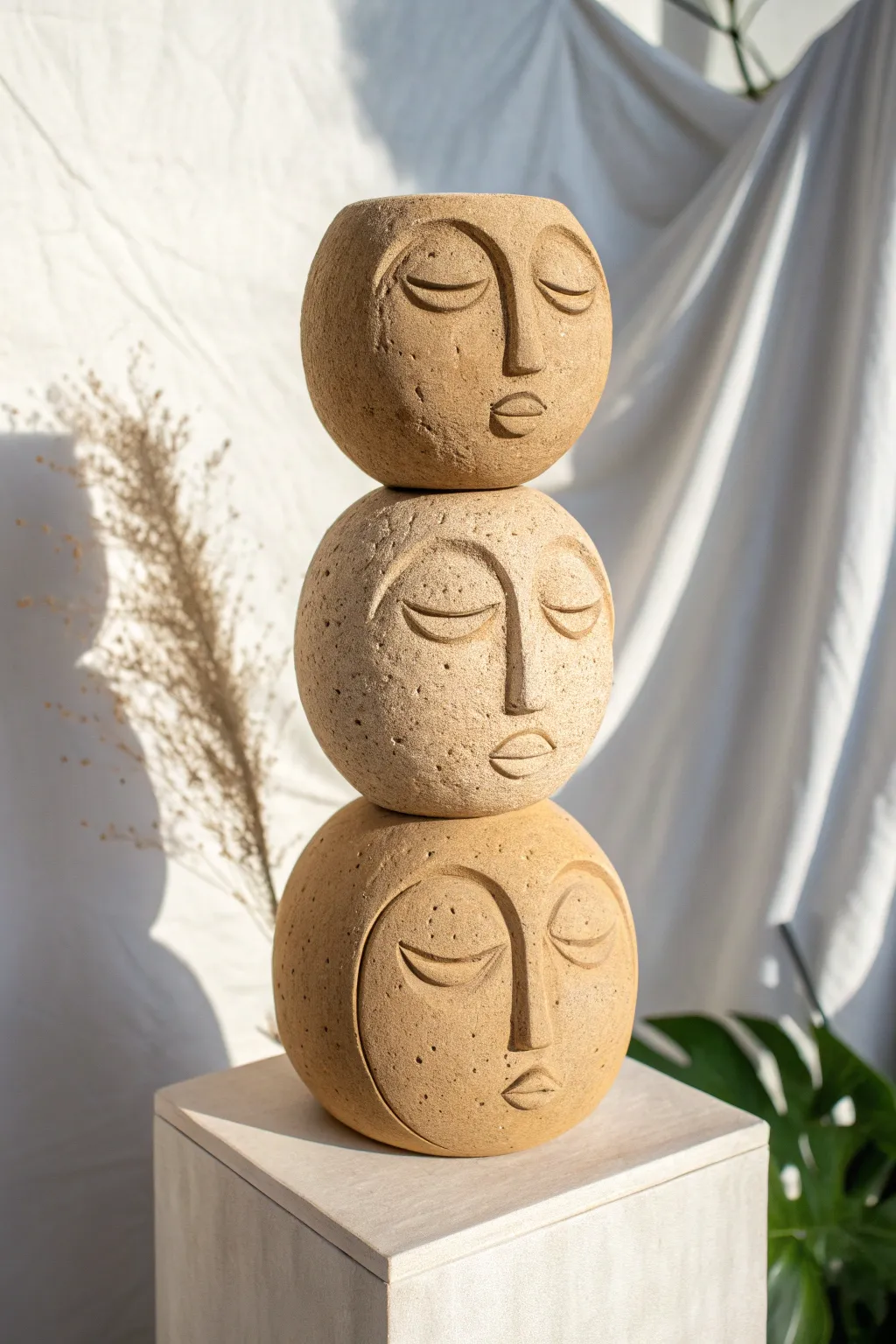 Abstract air-dry clay face totem stack with carved textures, minimalist Scandinavian-boho vibe.