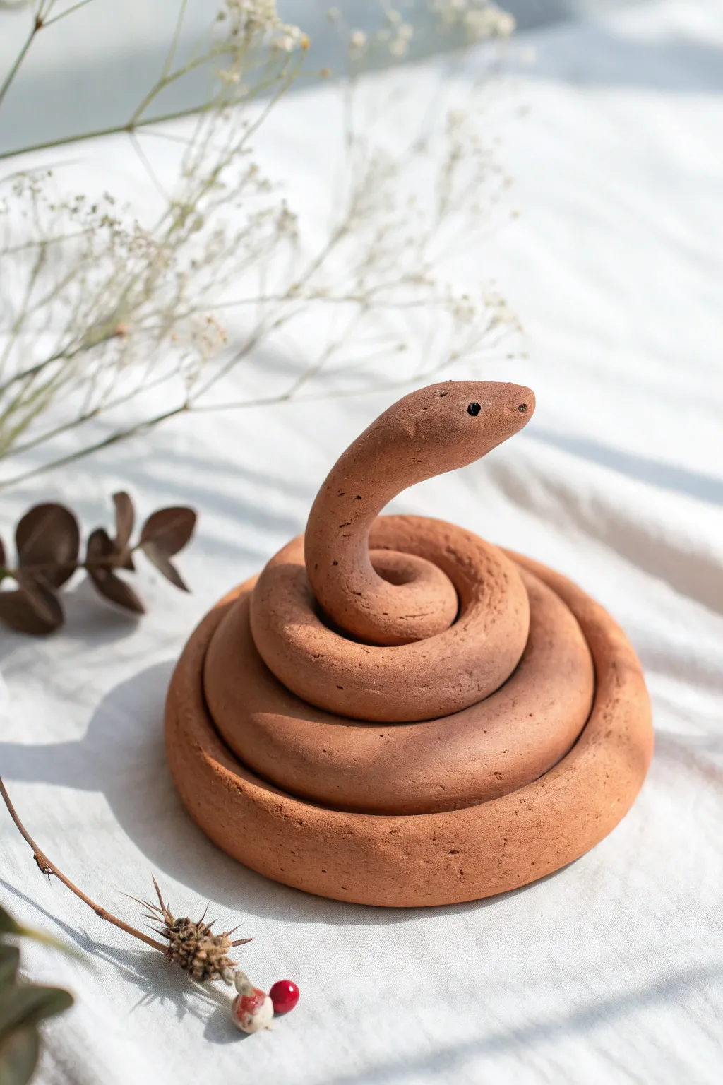 Easy coiled clay snake sculpture in a clean spiral, minimal and handmade with boho warmth.