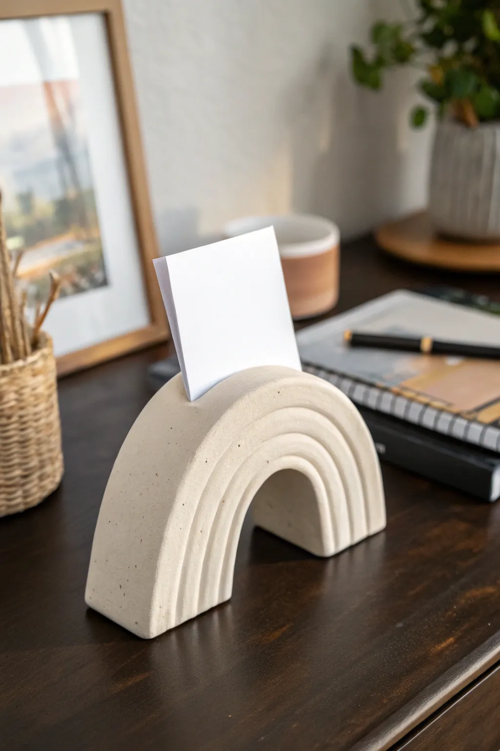 Make a modern air-dry clay arch photo holder for a calm, minimalist desk vignette