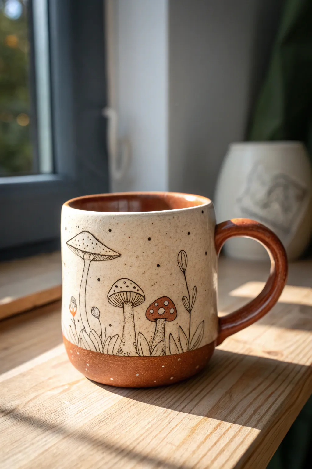 Cozy sgraffito mushroom mug with tiny woodland details, minimalist and handmade charm