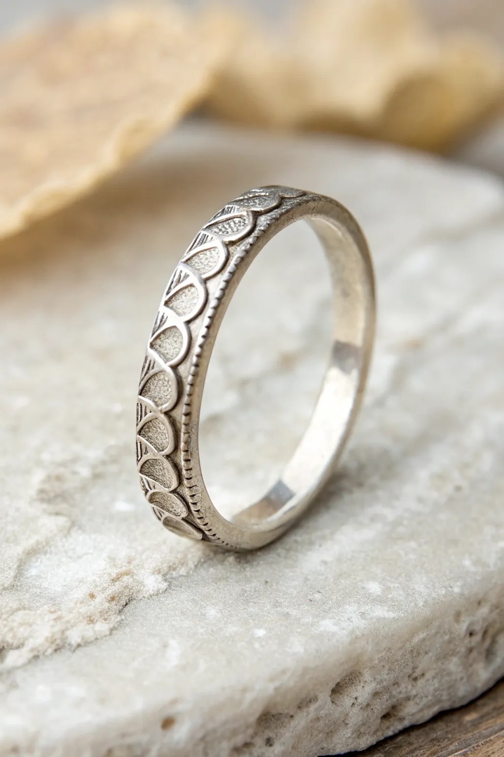 Delicate lace-textured silver clay band, a romantic minimalist ring idea for beginners.