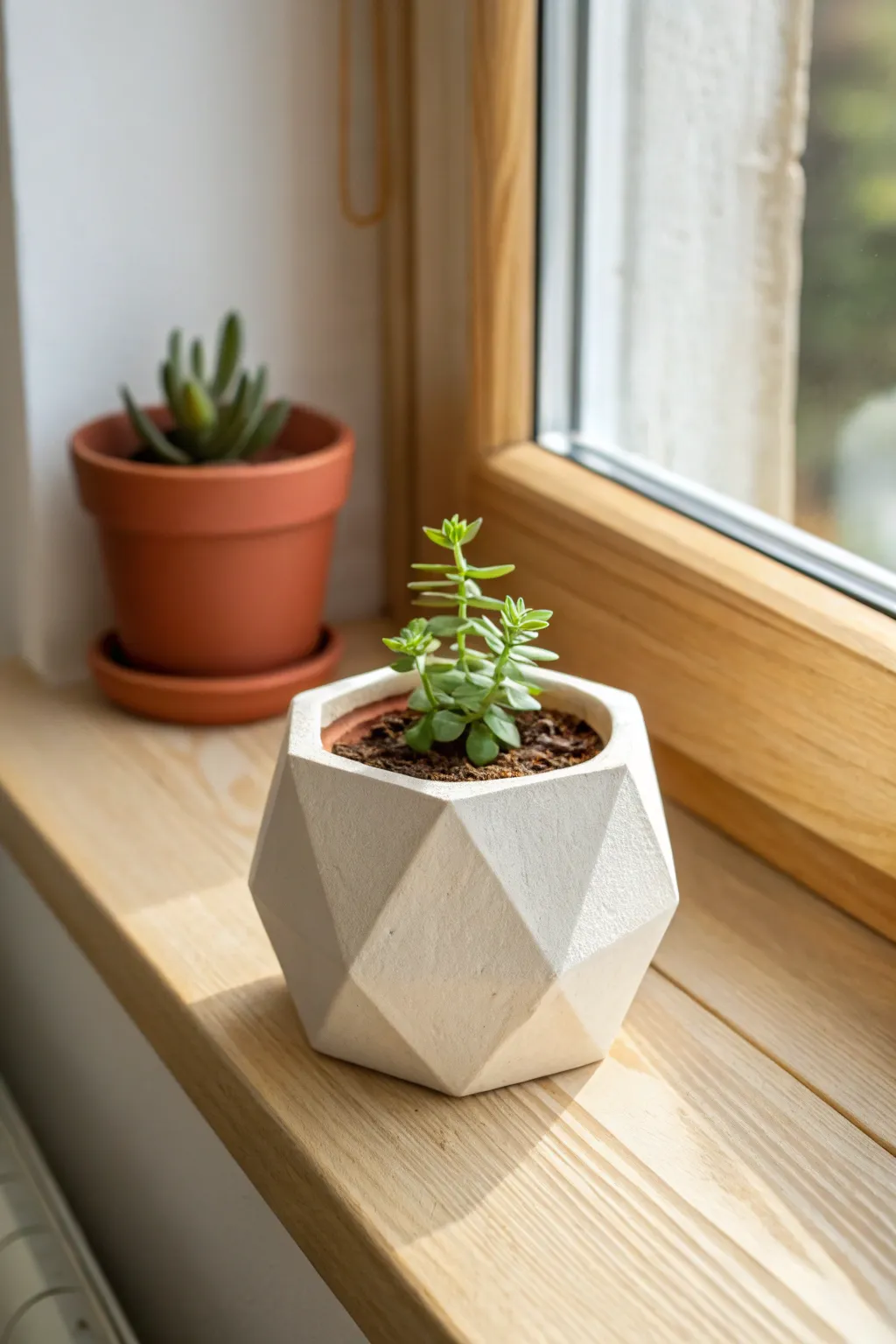 Minimal geometric air dry clay planter sleeve on a bright windowsill, simple and handmade