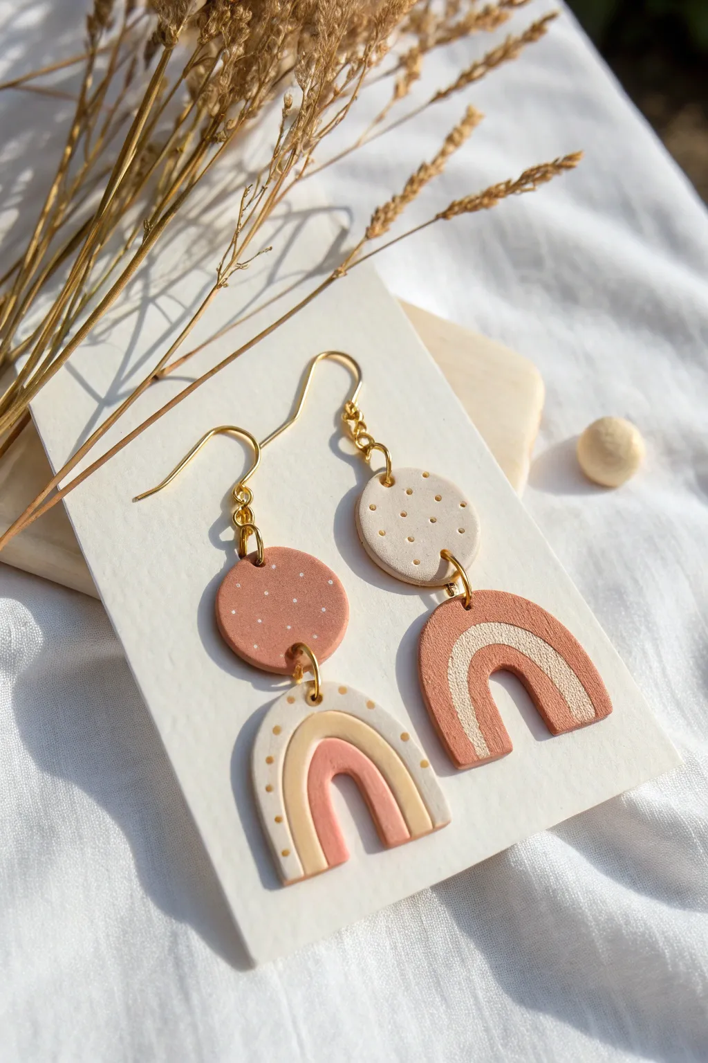 Minimalist air dry clay earrings in soft muted tones, easy to make and beautifully lightweight.