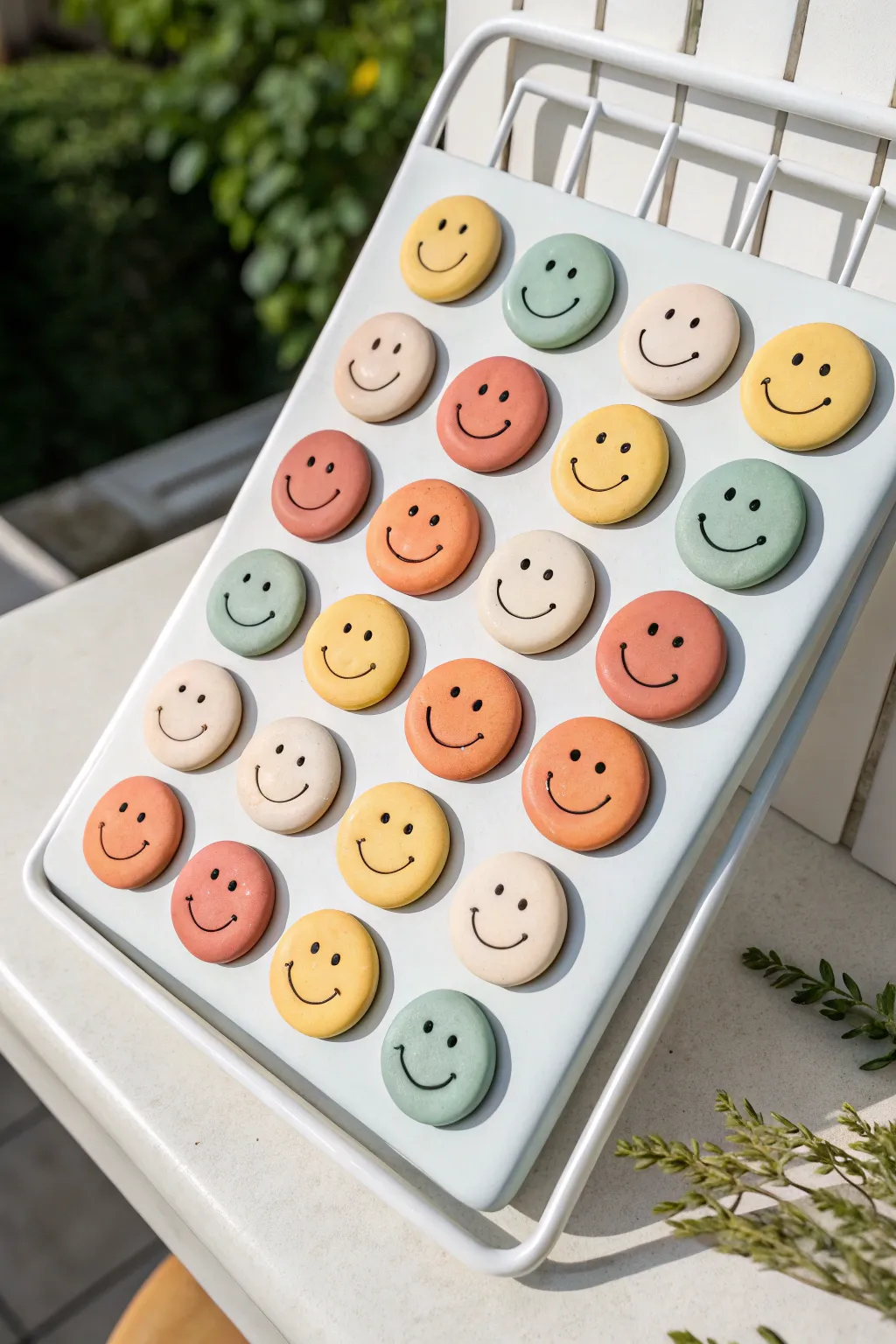 Sunny smiley clay fridge magnets in a clean grid, easy for kids and cute for any kitchen