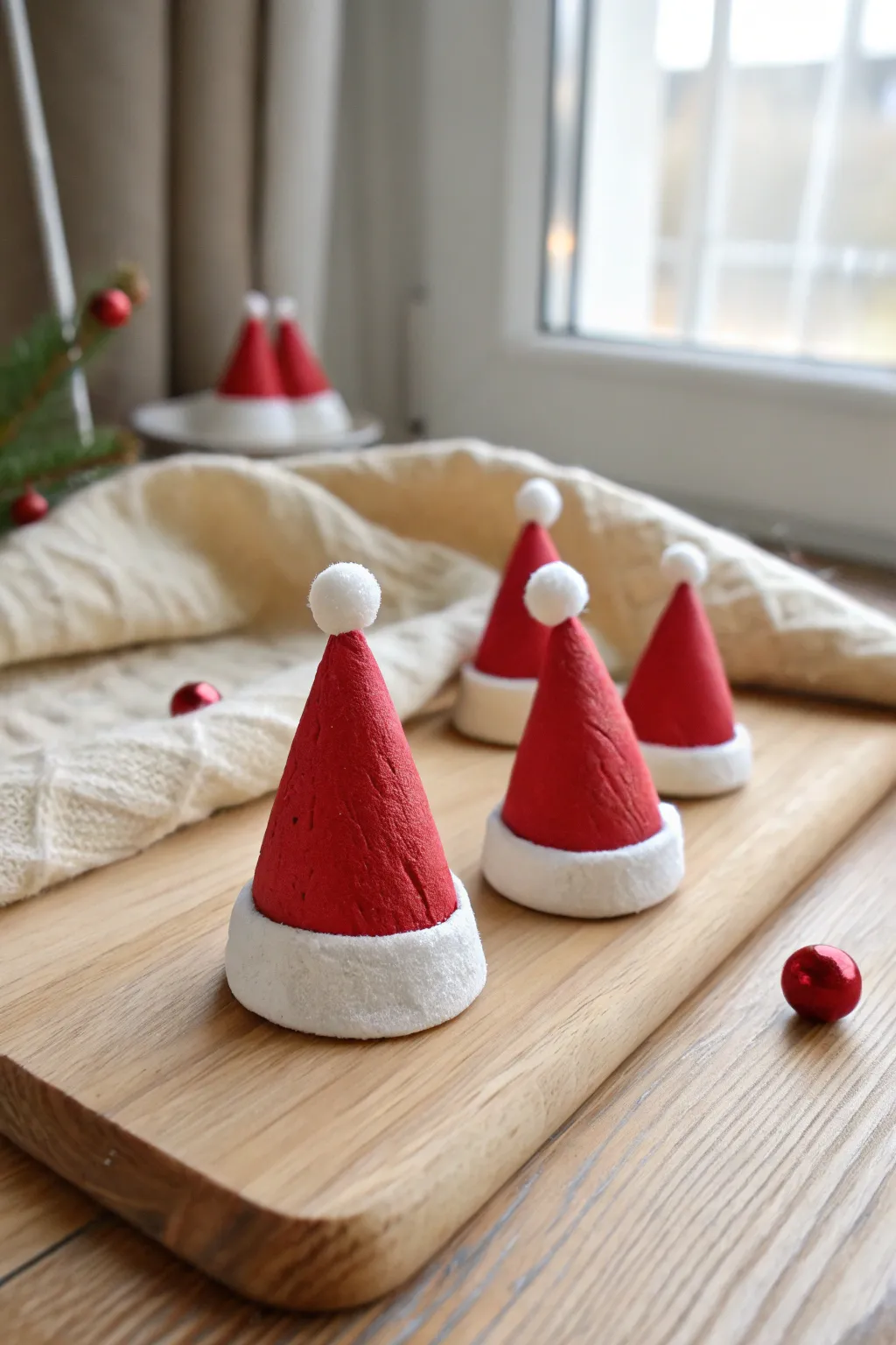 Minimal Santa hat clay magnets in red and white, a cozy Scandinavian-boho Christmas touch.