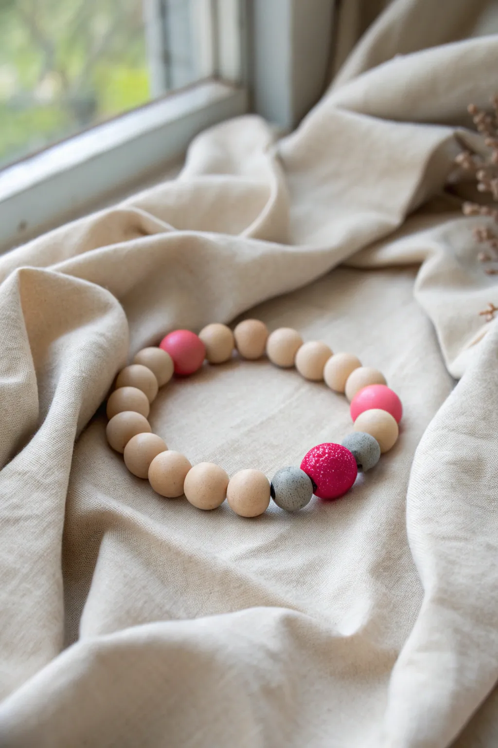 Neutral clay bead bracelet with one bold hot pink pop, styled simply on soft linen.