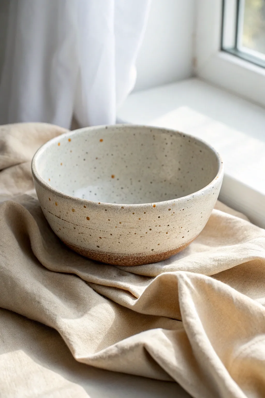 Soft matte speckled bowl on linen for a calm, minimalist clay project with modern boho charm.