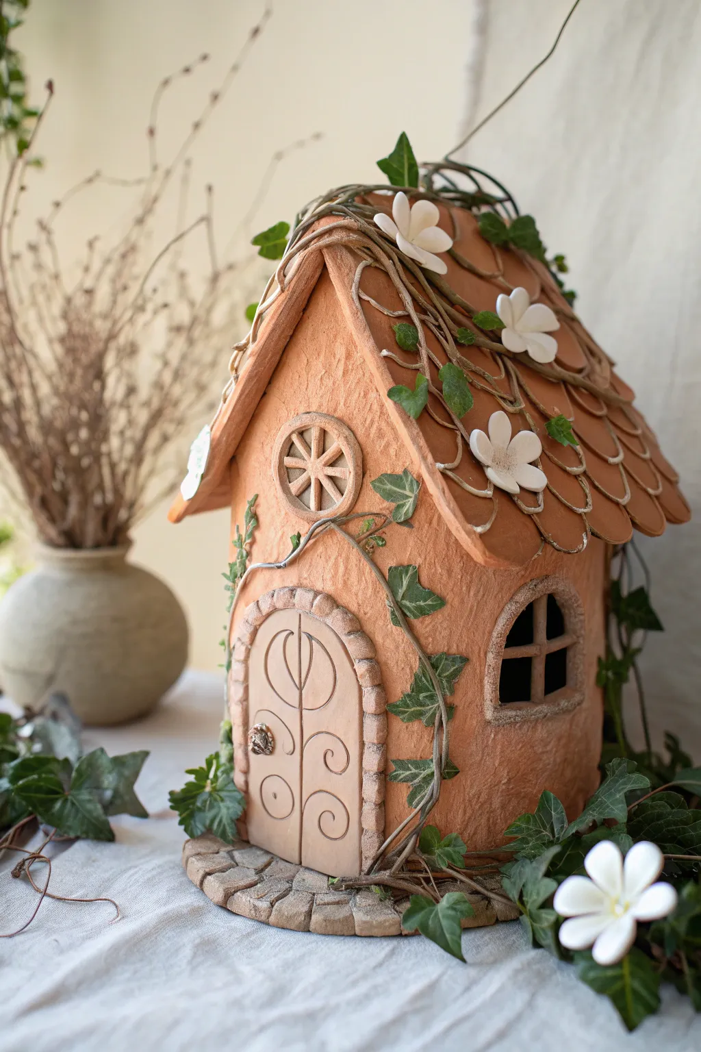 Charming clay fairy house with vine trellis and bold five-petal blooms, simple and cozy.