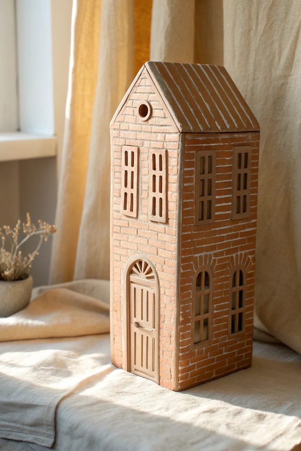 Easy brick pattern mini clay townhouse in a muted tone, minimalist and perfectly beginner friendly