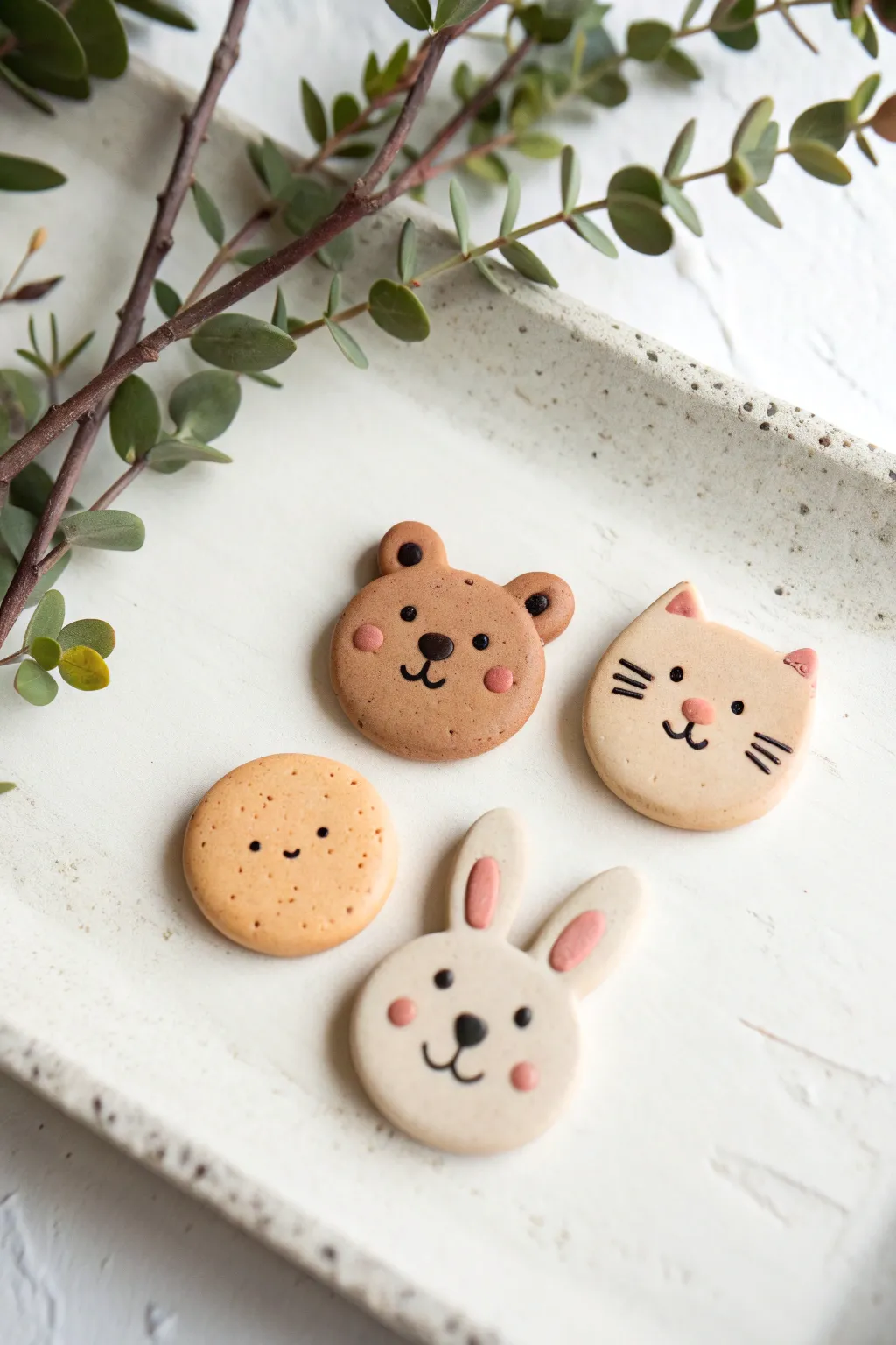 Three easy clay animal pins with dot eyes, minimalist and sweet for a first beginner project