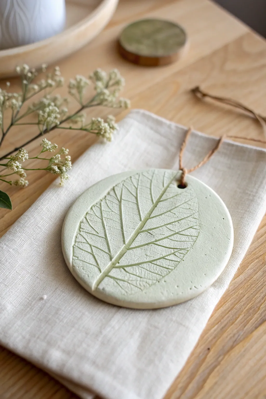Leaf print clay medallion with soft boho tones and crisp veins, perfect kid-friendly craft.