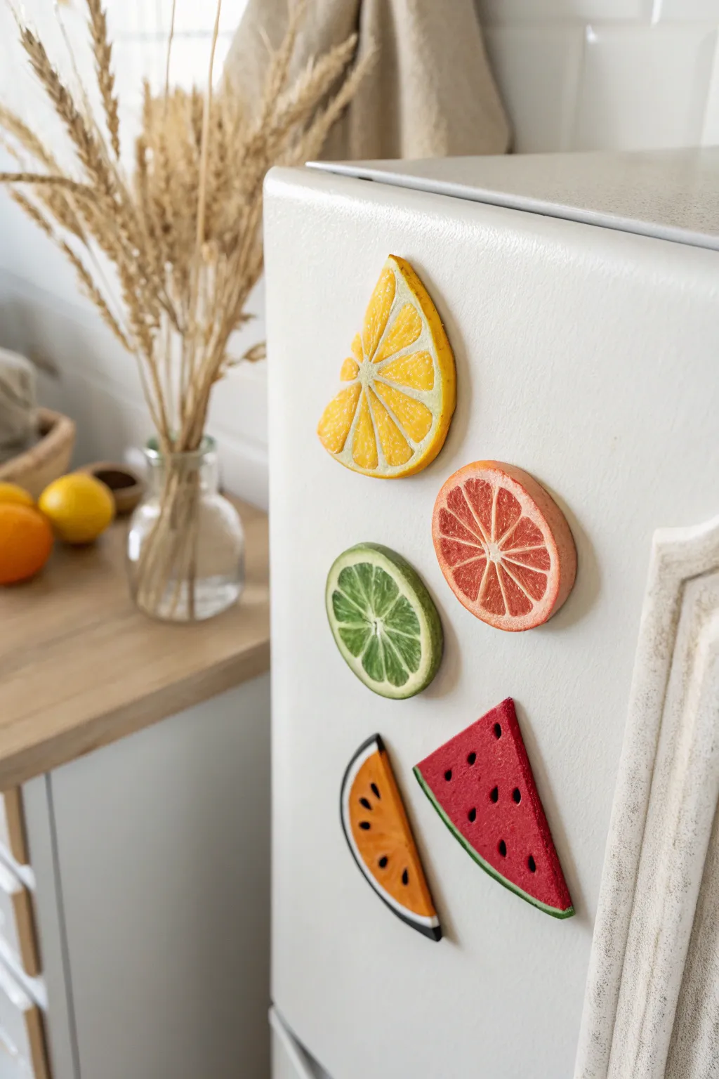 Bright clay fruit slice magnets on a minimalist fridge, a cheerful handmade pop of color.