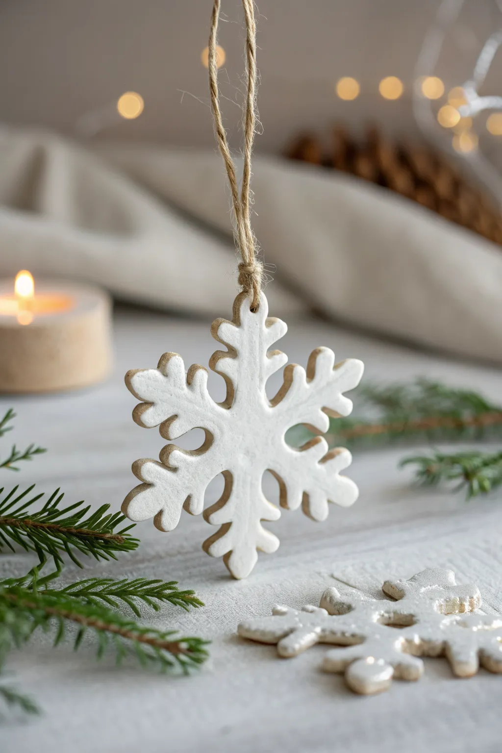 Simple white clay snowflake ornament with a soft shimmer finish, minimalist and easy to recreate.