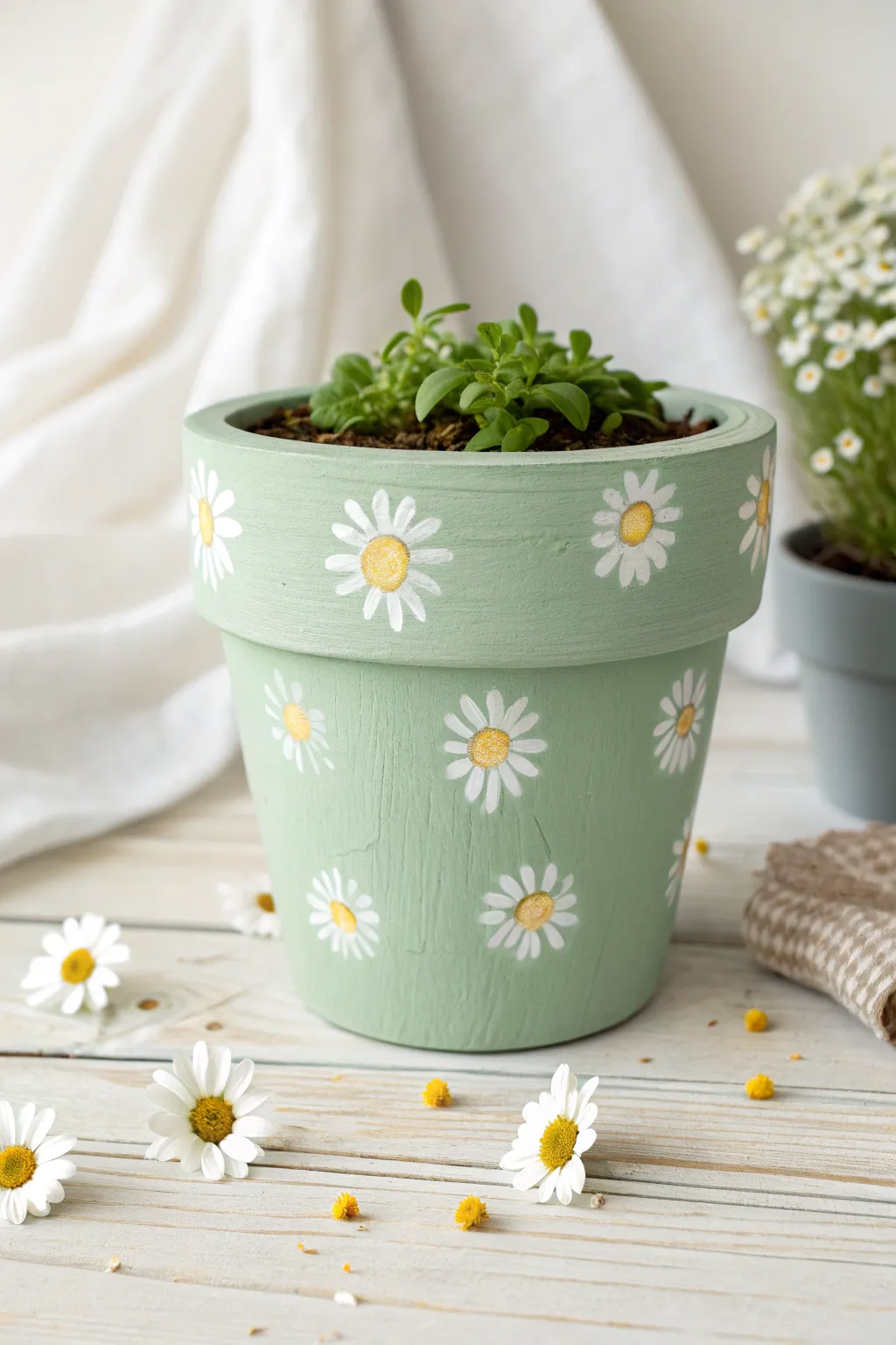 Sweet daisy scatter pot in soft sage green, an easy cheerful clay painting idea for a bright shelf