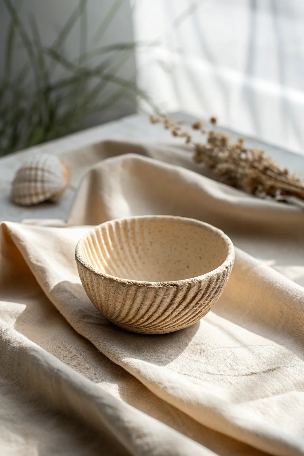 Seashell ripple pinch bowl in soft sand tones, calm minimalist coastal texture inspiration.