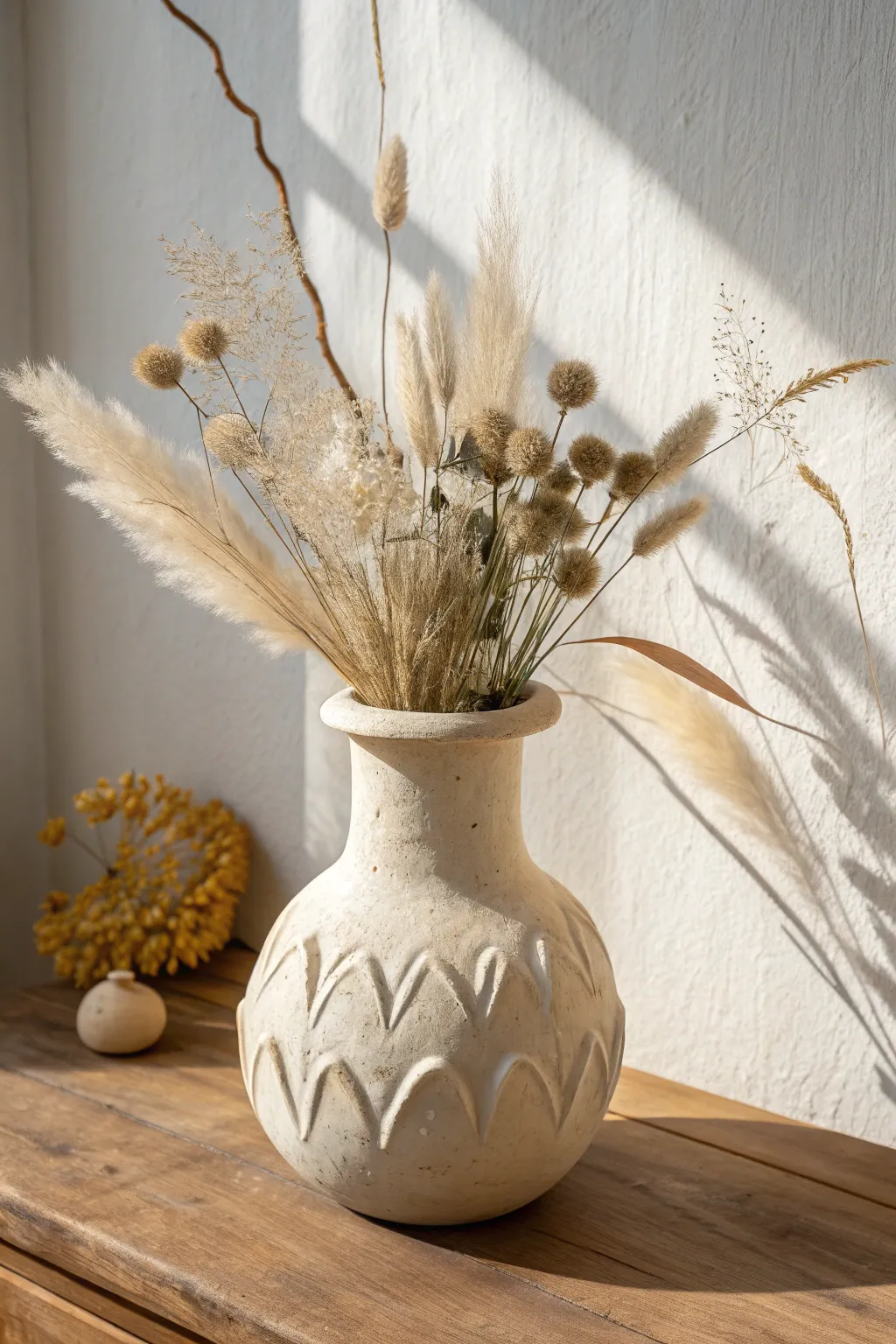 An effortless wavy-rim clay vase in creamy beige, styled with soft dried florals
