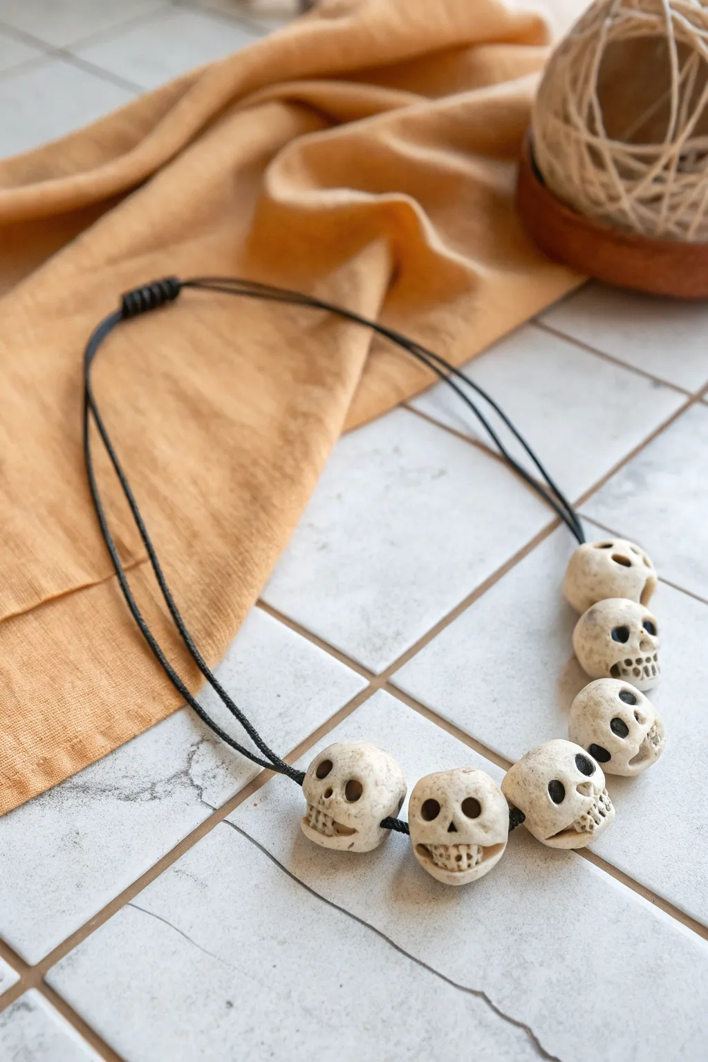 Mini clay skull beads on a simple cord, styled in soft neutrals for a calm Halloween touch.